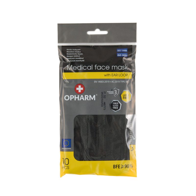 Opharm Mundschutz, Typ II-R mit Nasenbügel, Made in EU, 10er Pack *Schwarz*