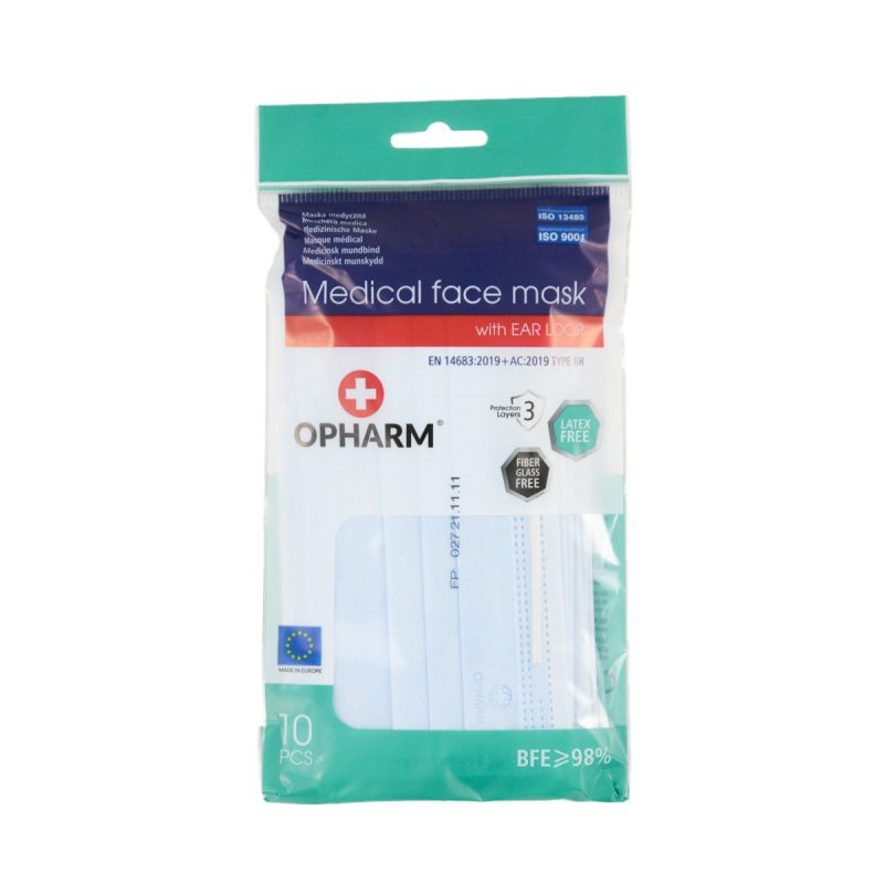 Opharm Mundschutz, Typ II-R mit Nasenbügel, Made in EU, 10er Pack