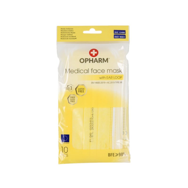 Opharm Mundschutz, Typ II-R mit Nasenbügel, Made in EU, 10er Pack *Gelb*