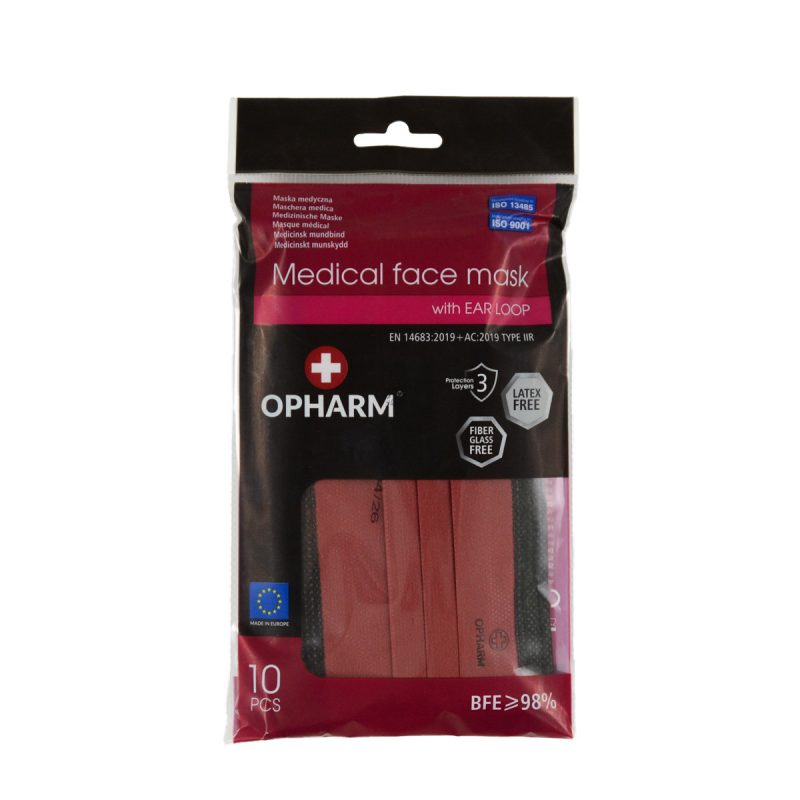 Opharm Mundschutz, Typ II-R mit Nasenbügel, Made in EU, 10er Pack *Rot*