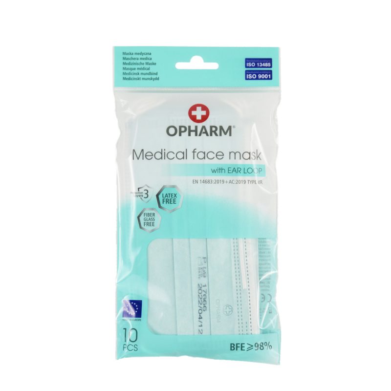 Opharm Mundschutz, Typ II-R mit Nasenbügel, Made in EU, 10er Pack *Türkis*